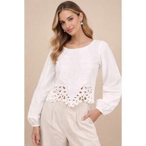 Lulus Adjoa White Embroidered Scalloped Crop Top | Size Small | NWT